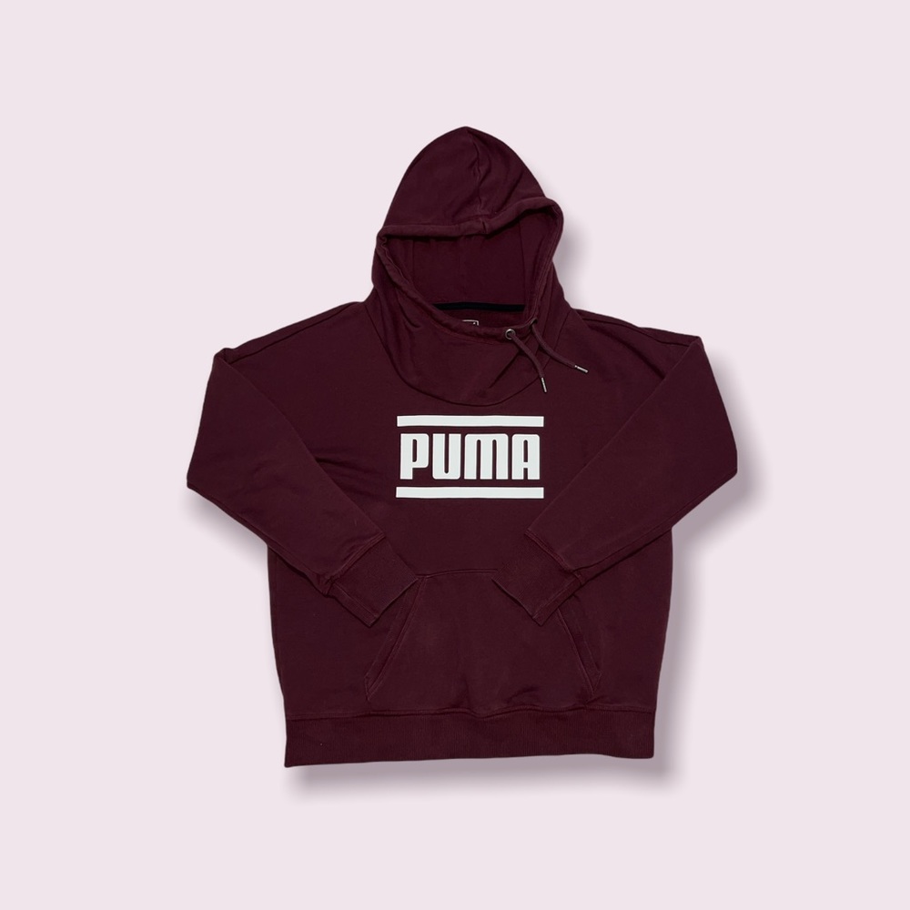 PUMA Mens Logo Hoodie Pullover Sweatshirt Size M Burgundy Red Long Sleeve